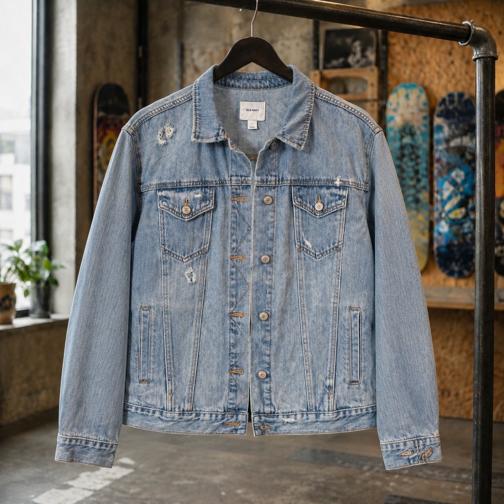 Distressed Denim Trucker Jacket‎ Light Wash XL Blue Ripped Old Navy